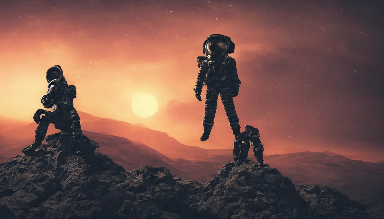 Image similar to lone cyberpunk astronaut sat on top of a mountain looking at the horizon of a unknown planet, close shot, sunset, cinematic, epic, dark scenario, 8k, award winning,