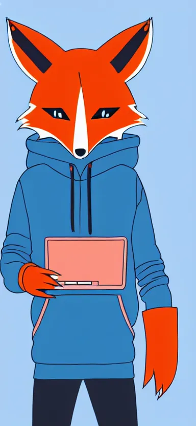 Prompt: a concept art of anthropomorphic fox in a blue hoodie hacking a portable computer, artstation, digital art, oc commission, style by studio trigger