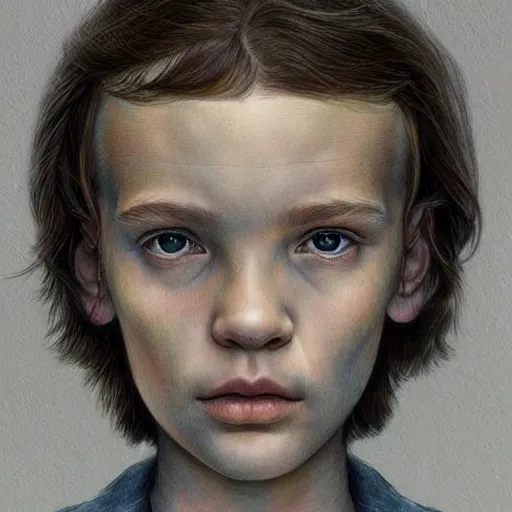 Image similar to beautiful!! portrait of Eleven from the stranger things by (((Marco Mazzoni ))) marco mazzoni ,dark ,detailed!! ,(((flowers on hair))) ,portrait,