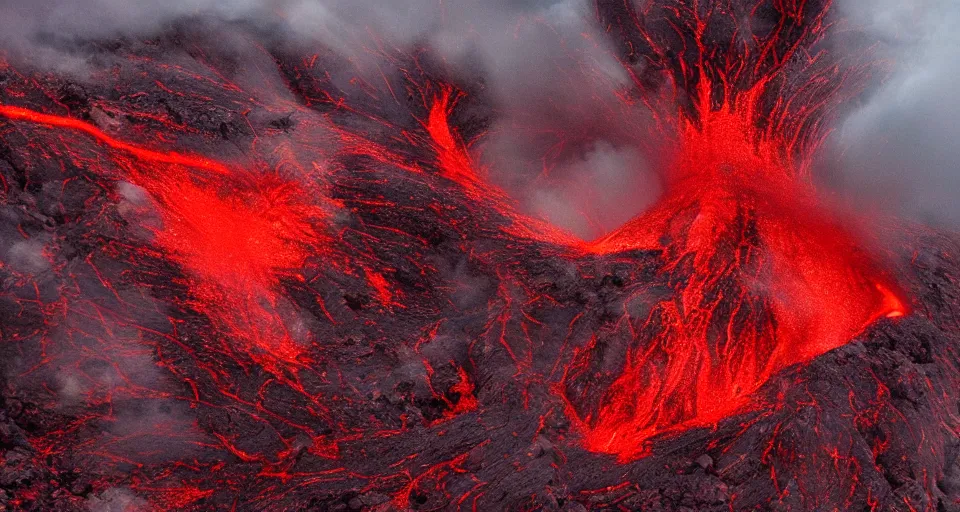 Prompt: a volcano made of ivory vines and crimson rocks enters in eruption, it spits a smoke in the shape of demonic eye, by Steve Argyle