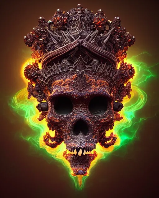 Prompt: 3 d ornate carved dark cosmic king queen profile portrait, sigma 5 0 0 mm f / 5. beautiful intricate highly detailed quetzalcoatl skull. bioluminescent, plasma, lava, ice, water, wind, creature, thunderstorm! artwork by tooth wu and wlop and beeple and greg rutkowski, 8 k trending on artstation