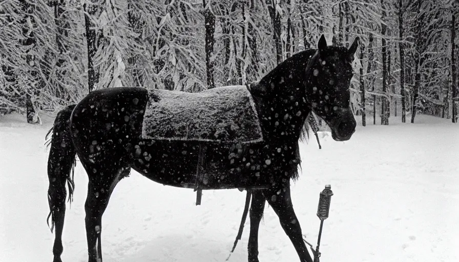 Image similar to 1 9 6 0 s movie still close up of marcus aurelius frozen to death under the snown next to his horse frozen under the snow by the side of a river with gravel, pine forests, cinestill 8 0 0 t 3 5 mm, high quality, heavy grain, high detail, texture, dramatic light, anamorphic, hyperrealistic, detailed hair, foggy