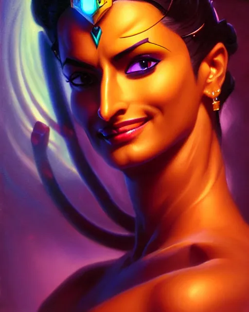 Image similar to symmetra from overwatch, bust, fantasy, fantasy art, fantasy, colorful, elegant, character portrait, portrait, close up, highly detailed, intricate detail, amazing detail, sharp focus, vintage fantasy art, vintage sci - fi art, radiant light, caustics, by boris vallejo