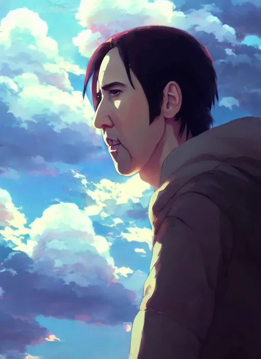 Image similar to portrait of nicolas cage, cloudy sky background lush landscape illustration concept art anime key visual trending pixiv fanbox by wlop and greg rutkowski and makoto shinkai and studio ghibli