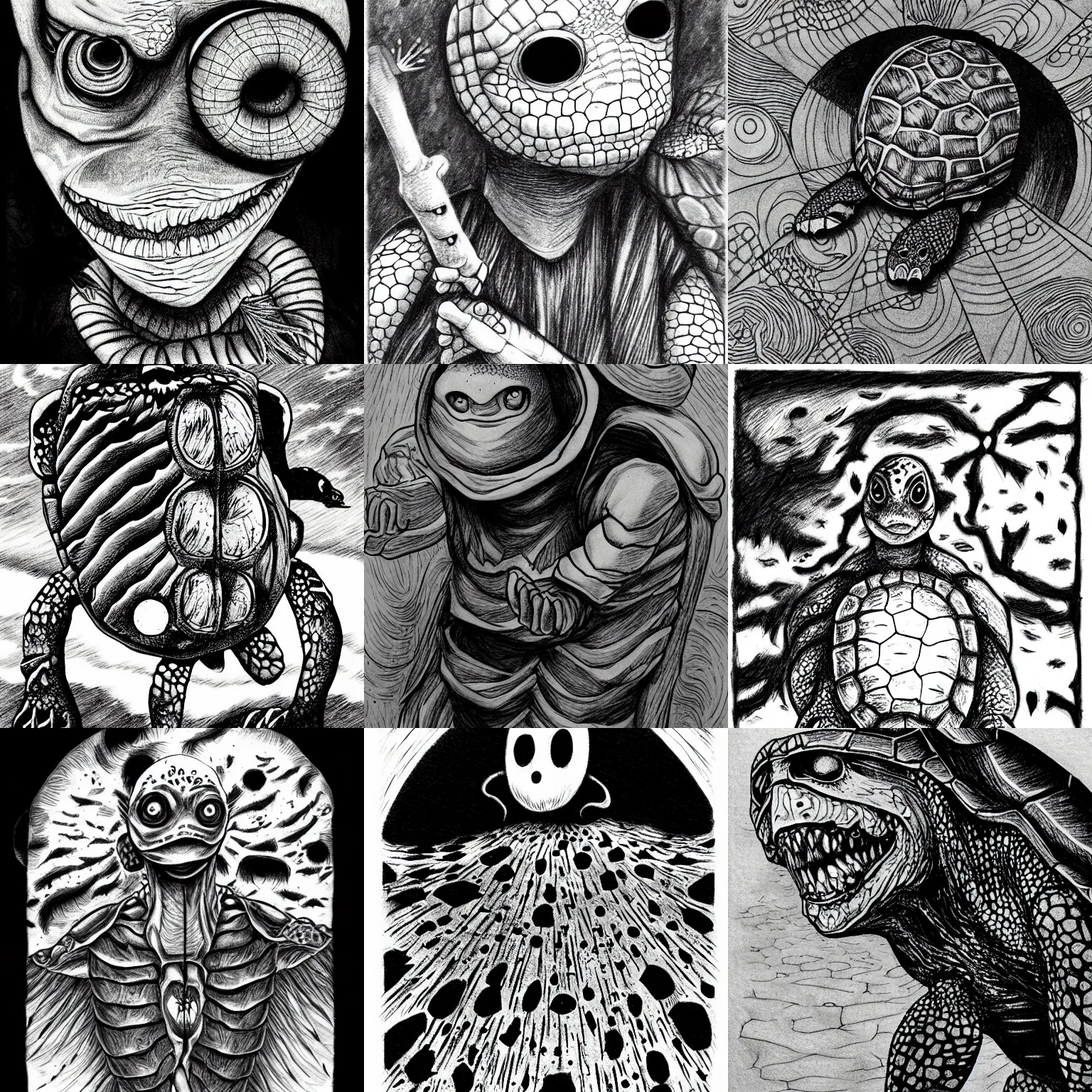 Prompt: A wise turtle, horror, creepy, dark, manga, hq, pencil, inspired by junji ito, superior quality, masterpiece