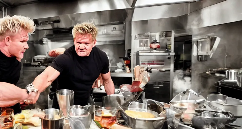 Image similar to photo of angry furious Gordon Ramsay punching Gordon Ramsay at the kitchen