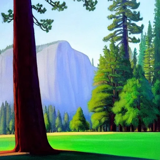 Prompt: a beautiful painting of a sequioia tree in the middle of yosemite valley in the style of edward hopper