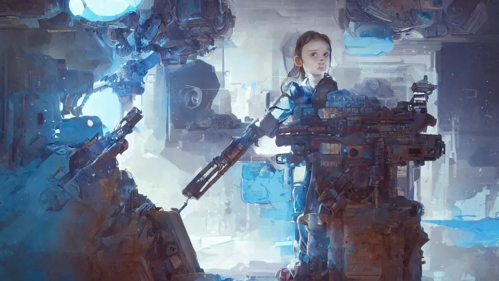Prompt: portrait of the little girl with very blue eyes is melted under machinegun fire because someone must melt, digital art, illustration, highly detailed, art by finnian macmanus