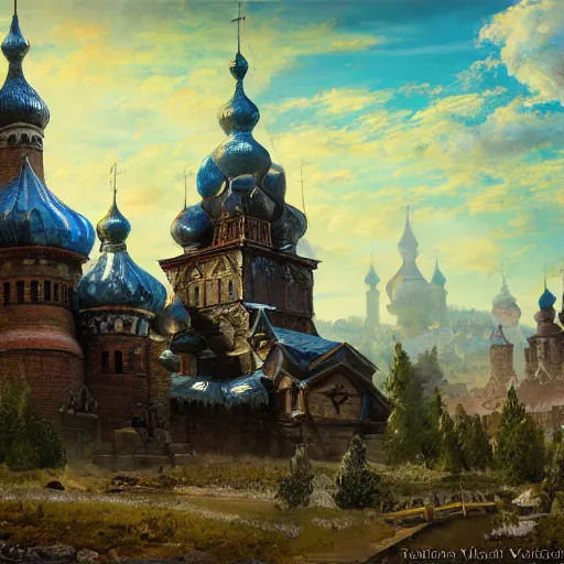 Image similar to photo beautiful magical ancient Slavic Russian city of Kitezh, fisheye lens, painting by Viktor Vasnetsov, concept art, magical city, fantasy cityscape, ancient Slavs, wooden buildings, ancient Russian architecture, terem, hyperborea, top cinematic lighting , cinematic mood, very detailed, 8k, high resolution, trending on artstation,