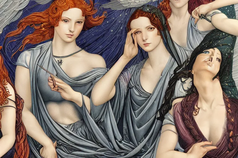 Image similar to flight of the valkyries, in a mixed style of Botticelli and Æon Flux, inspired by pre-raphaelite paintings and shoujo manga, moonlight, hyper detailed, stunning inking lines, stunning gradient colors, 4K photorealistic