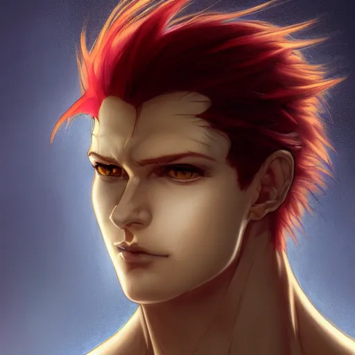 Prompt: portrait of hisoka morow hunter hunter, male, very very sharp jaw yellow eyes very very narrow sultry eyes red hair soft hair swept back crimson medium length hair, anime, fantasy, intricate, elegant, highly detailed, digital painting, artstation, concept art, matte, sharp focus, illustration, art by artgerm and greg rutkowski and alphonse mucha