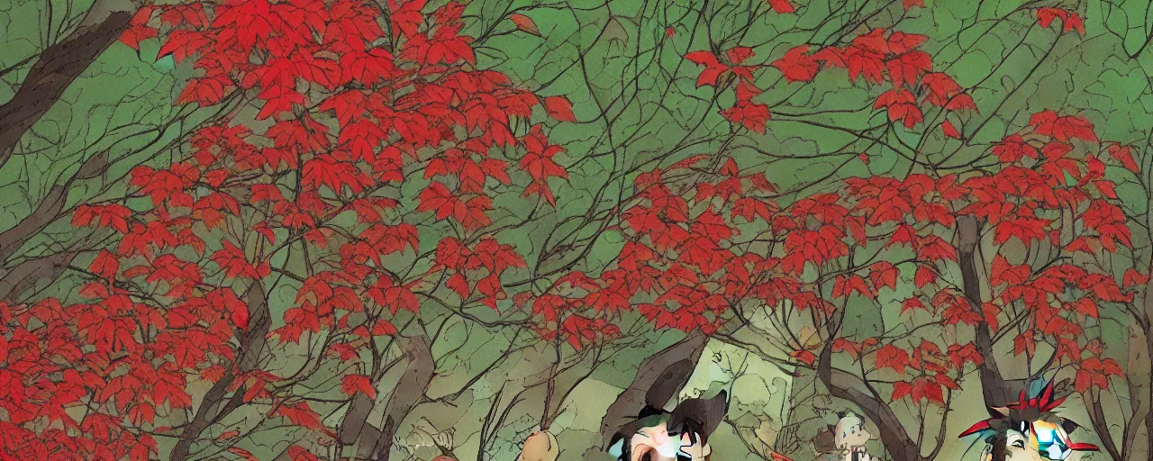 Image similar to an endless canopy of red leaves, illustrated style in the style of studio Ghibli, My neighbor totoro, day