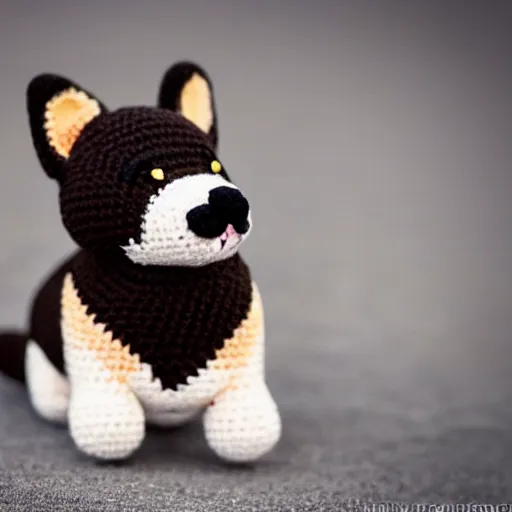 Image similar to a crochet corgi puppy, super cute, kawaii, extremely detailed, complex, intricate, Sigma 50mm f/1.4
