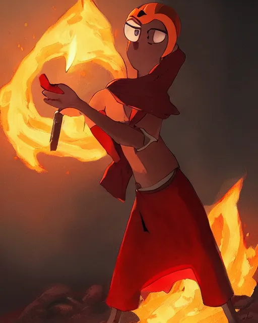 Prompt: squidward wearing fire nation clothing and practicing firebending outside at susnset, [ [ [ [ [ [ [ [ greg rutkowski ] ] ] ] ] ] ] ]