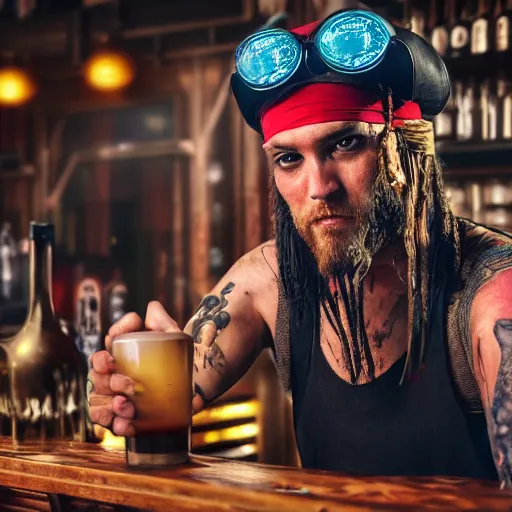 Image similar to high quality portrait of a pirate bartender in a cyberpunk cyberpunk cyberpunk cafe, realism, 8k, award winning photo