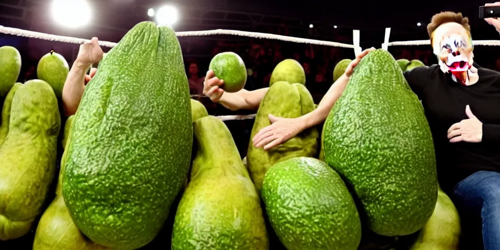 Prompt: elon musk inside of a giant avacado, realistic, cinematic photogtaphy, fruit celebrity, avacado dream, elon musk dresms of sitting inside of avacados, avacado chairs, avacado halloween costumes, in a boxing ring, photography, cinematic lighting, dramatic feeling