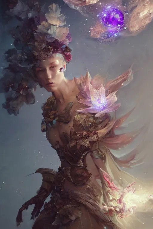 Image similar to beautiful girl necromancer covered with crystals exploding space, 3 d render, hyper realistic detailed portrait, holding magic flowers, ruan jia, wlop. scifi, fantasy, hyper detailed, octane render, concept art, peter mohrbacher