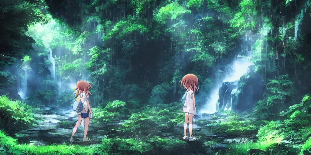 Image similar to anime girl looking into large cave entrance in a lush forest with waterfalls, fireflies, desaturated, beautiful ambiance, studio ghibli style, by hayao miyazaki, sharp focus, highly detailed, 4k