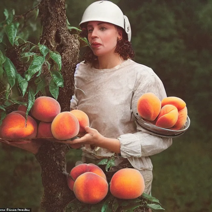 Image similar to a closeup portrait of a woman wearing a helmet made of beads, picking peaches from a tree, foggy, moody, photograph, by vincent desiderio, canon eos c 3 0 0, ƒ 1. 8, 3 5 mm, 8 k, medium - format print