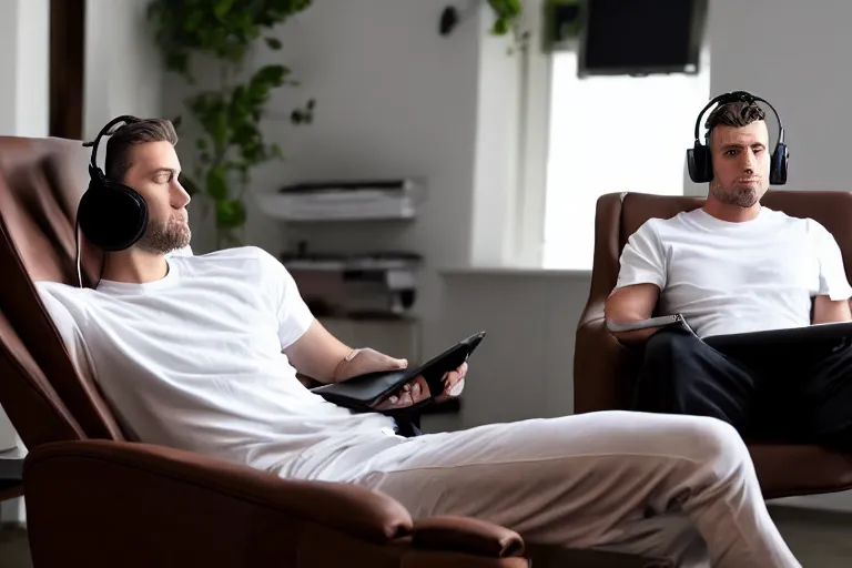 Prompt: a caucasian man who is deep in thought is wearing a white t - shirt and he is wearing black sweat pants and he is wearing headphones and he has a laptop computer sitting on his lap and he is sitting in a brown leather chair and the chair is in the reclining position and the man's legs are resting on the recliner of the chair