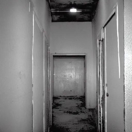 Image similar to creepy backrooms, abomination from hell in the hall, horror image, cctv footage, black and white, grayscale