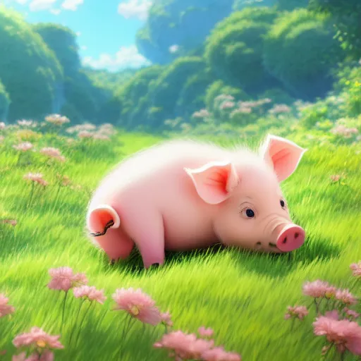 Image similar to cute and adorable piglet resting on a beautiful flower valley by makoto shinkai, summer, studio ghibli, hayao miyazaki, takashi takeuchi, akihiko yoshida, funimation, key anime visual, anime poster, 8 k, highly detailed, rendered, concept art, wide angle, trending on artstation, pixiv daily ranking