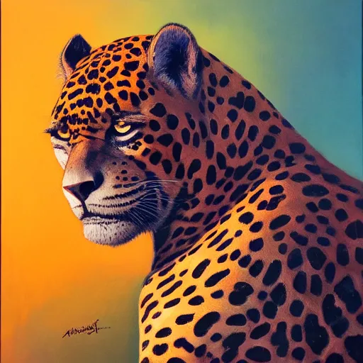 Image similar to mighty jaguar in summer nigt, beautiful colours, sharp textures, biotechnology, nikolay georgiev, alex ross, bruce pennington, donato giancola, larry elmore, masterpiece, oils on canvas, trending on artstation, featured on pixiv, cinematic composition, sharp, details, hyper - detailed, hd, hdr, 4 k, 8 k