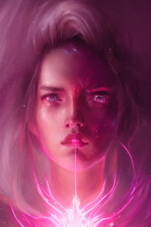 Image similar to a fancy close up portrait of a beautiful light mage covered in deep pink aura by Greg Rutkowski, Sung Choi, Mitchell Mohrhauser, Maciej Kuciara, Johnson Ting, Maxim Verehin, Peter Konig, final fantasy , mythical, 8k photorealistic, cinematic lighting, HD, high details, atmospheric,