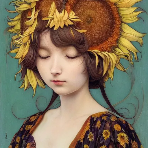 Image similar to white cat girl, botanical, sunflower, portrait face, colorful, frantisek kupka, intricate, miles johnston, kuroda seiki, cynical realism, ozabu, john william godward, painterly, yoshitaka amano, moebius, miles johnston, louise zhang, james jean, mark ryden lowbrow pop surrealism art style