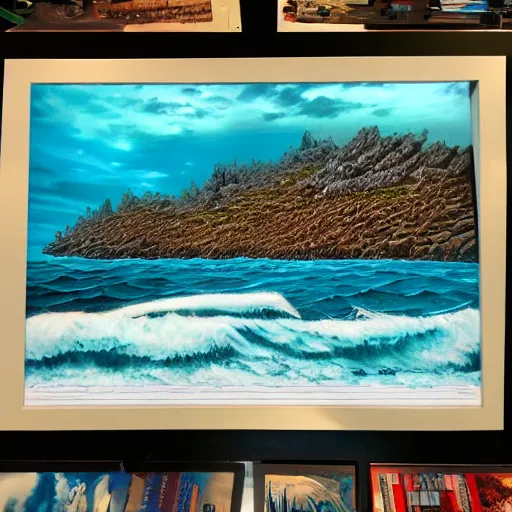 Image similar to a mountain of skulls amidst the ocean, photograph, realistic, morning light, dan mumford color scheme