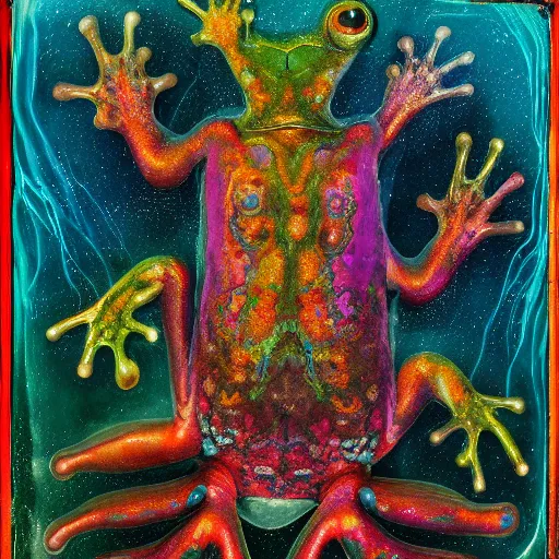 Prompt: Hyperrealistic intensely colored Studio wet collodion Photograph portrait of a deep sea psychedelic bioluminescent frog deep underwater in darkness long exposure, award-winning nature deep sea expressionistic impasto heavy brushstrokes oil painting by Fabian Marcaccio and Jean Dubuffet and Audubon vivid colors hyperrealism 8k