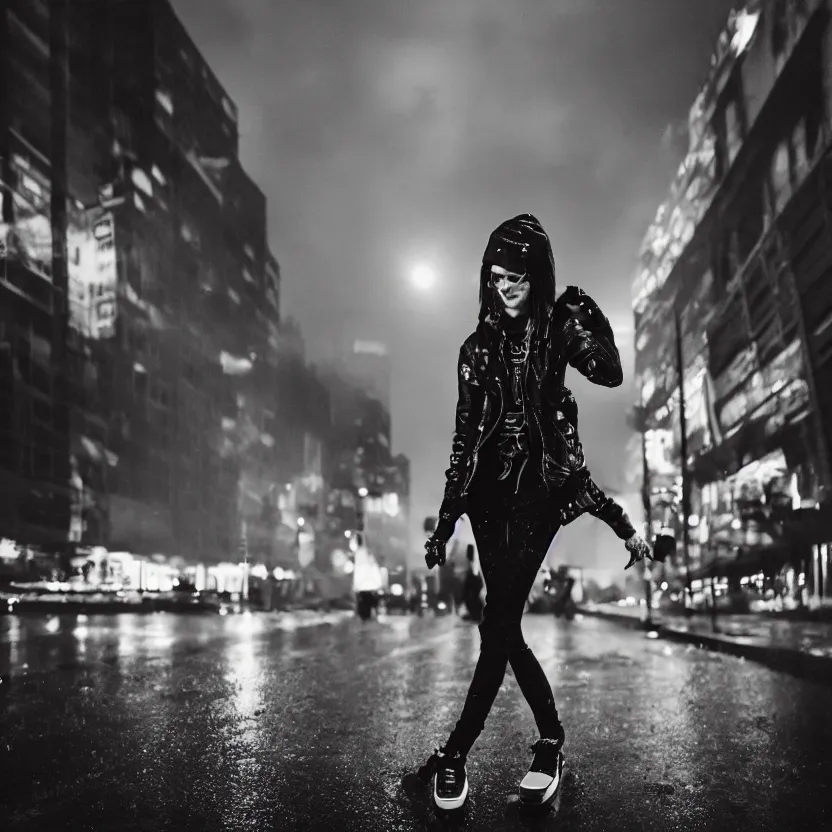 Image similar to punk girl skateboarding in the city, backlit cyberpunk buildings, wet roads at night reflecting the lights from buildings, dust, fog, cloudy night sky, dslr, 4 k, fisheye