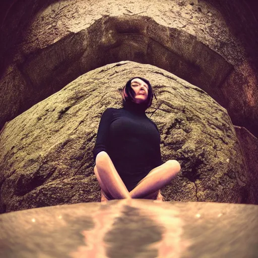 Image similar to Gorgeous woman sitting under a ginormous rock overhead, partially cupping her hands, holding it out to the camera, in a rainy environment, fisheye!!!!! lens!!!!!, rainy and wet atmosphere, closeup, dark and grim lighting, trending on artstation, 4k, 8k