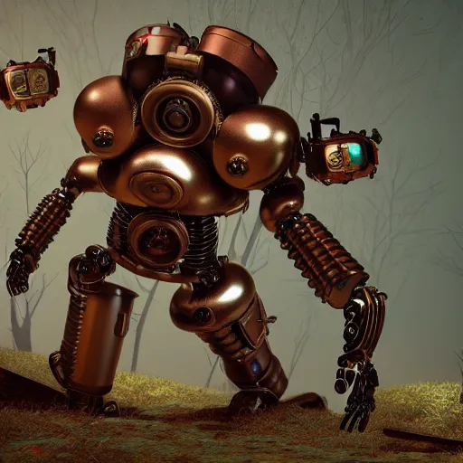 Prompt: steampunk robots that are also insects, trending on artstation, octane render, in a forest, photorealistic