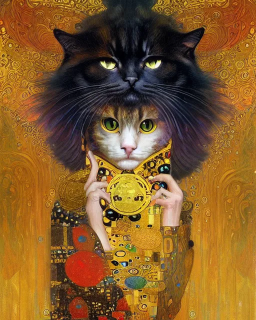 Image similar to magician cat portrait an oil painting splashes with many colors and shapes by gustav klimt greg rutkowski and alphonse mucha, polycount, generative art, psychedelic, fractalism, glitch art