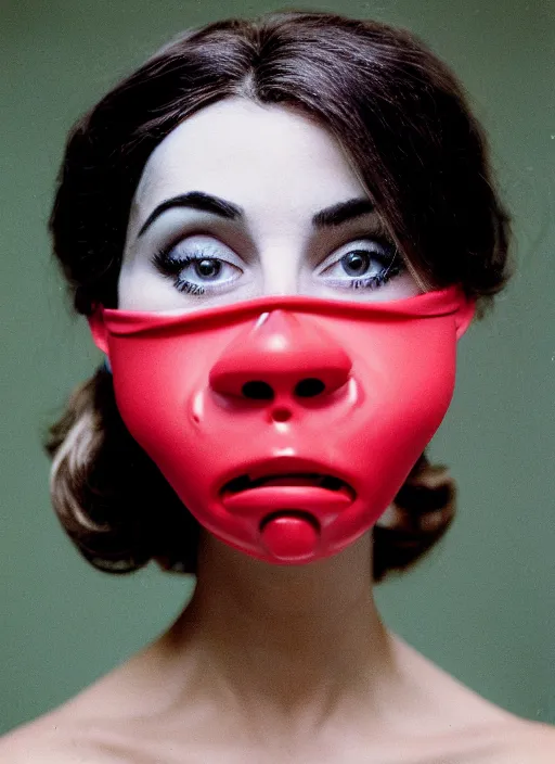 Image similar to a fashion portrait photograph of a woman wearing a plastic mask designed by tim burton, 3 5 mm, color film camera, pentax