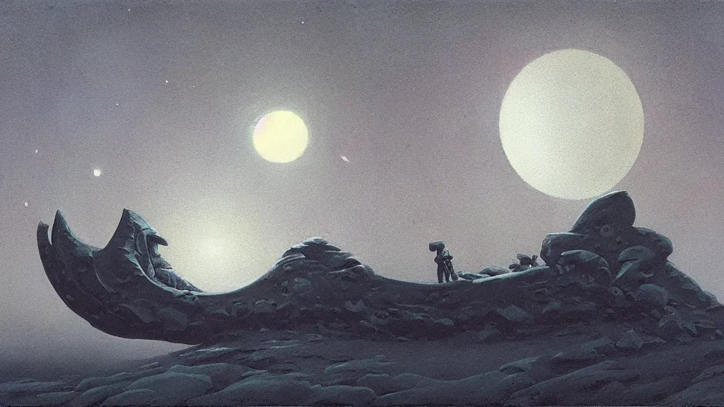 Image similar to mysterious sculpture of an alien crescent moon by paul lehr and john schoenherr, cinematic matte painting