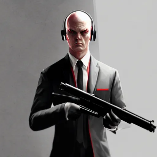Image similar to a portrait of agent 4 7 from hitman wearing headphones in front of a wall with mounted guns, dark background, red rim light, highly detailed, digital art, artstation, concept art by giger stalenhag
