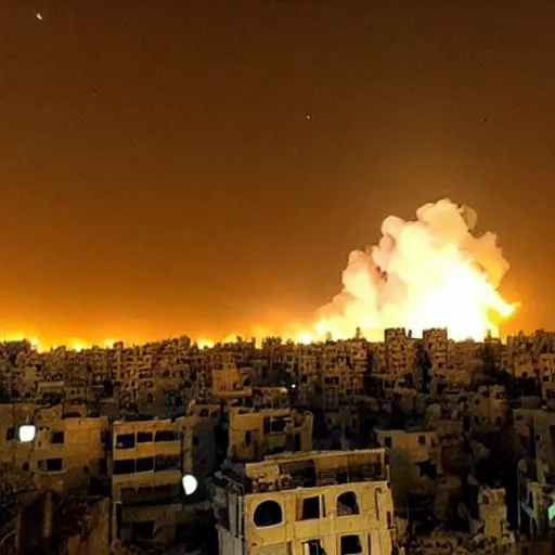 Prompt: picture of huge explosion in city in Syria at night