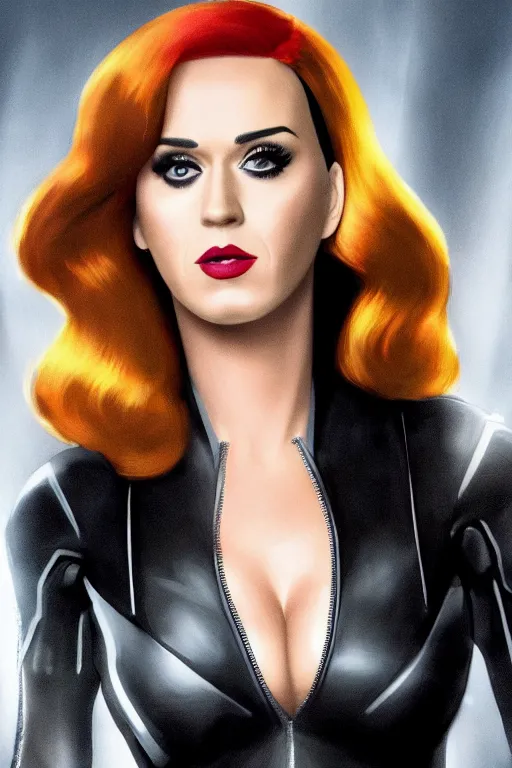 Image similar to katy perry as black widow in the avengers, portrait realistic photograph, very detailed face