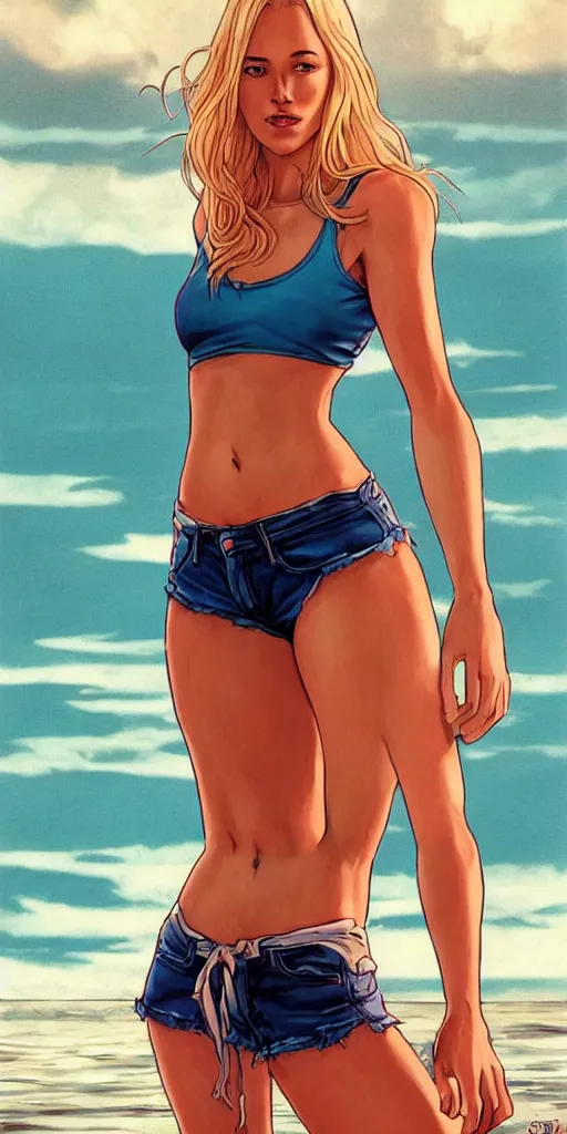 Image similar to a gorgeous hulking beast of a woman with very long hip-length blonde hair, wearing a cut-off white top and orange cut-off shorts standing by the water, in the style of artgerm and moebius and annie liebovitz, marvel comics, photorealistic, highly detailed, trending on artstation