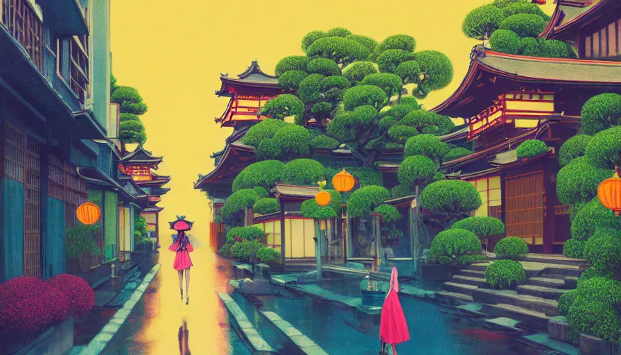 Prompt: a vibrant dream of nostalgic psychedelic hallucination of a girl walking down a street in kyoto japan, lush plants and lanterns, a woman wearing a gucci dress is exploring kyoto, high fashion, by moebius, edward hopper and james gilleard, zdzislaw beksinski, steven outram hd, 8 k, artstation