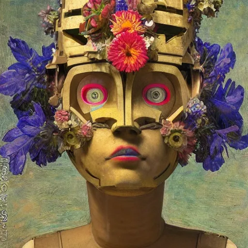 Image similar to a humanoid robot wearing a mask made of flowers, by annie swynnerton and diego rivera and tino rodriguez, symbolist, dramatic lighting, elaborate geometric ornament, art brut, soft cool colors, smooth, sharp focus, extremely detailed, adolf wolfli