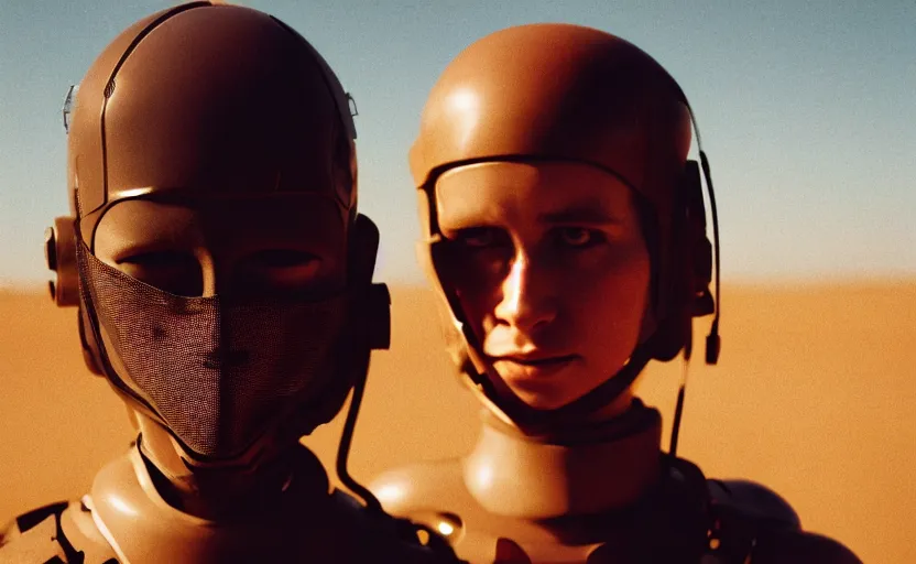 Prompt: cinestill 5 0 d photographic portrait by helen levitt of a female android couple wearing rugged black mesh techwear on a desolate plain, extreme closeup, modern cyberpunk, dust storm, 8 k, hd, high resolution, 3 5 mm, f / 3 2, ultra realistic faces, ex machina