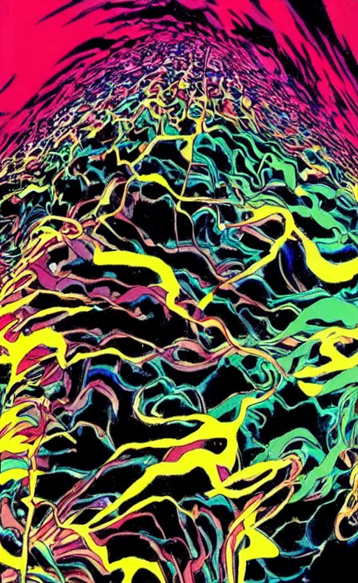 Prompt: a colorful fart of ferrofluids from albert einstein traveling through time continuum by katsuhiro otomo