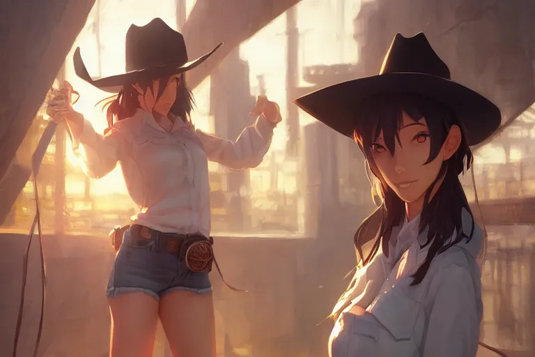 Image similar to cowgirl western girlfriend, scenic full shot, ambient lighting, detailed face, by makoto shinkai, stanley artgerm lau, wlop, rossdraws