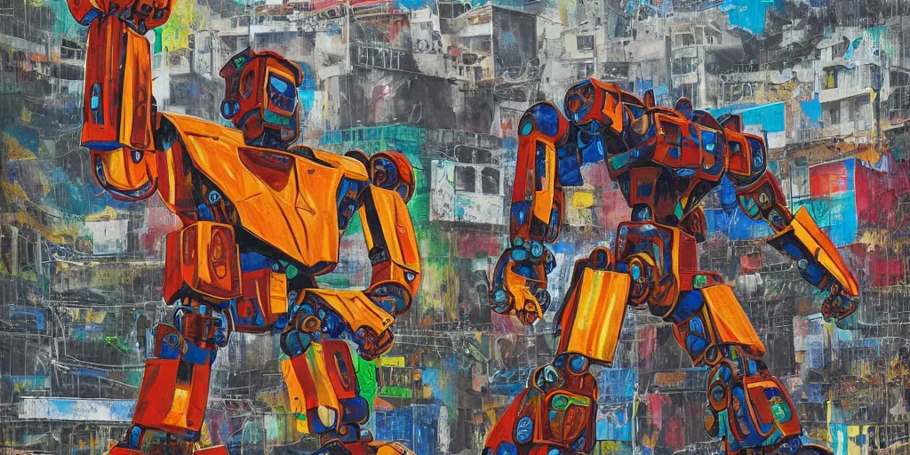 Prompt: colourful - damaged - giant mecha ROBOT of AJEGUNLE SLUMS in Lagos, markings on robot, Golden Hour, in the style Alex ross,