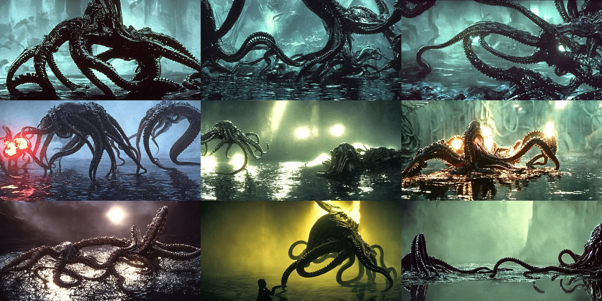 Prompt: Xenomorph octopus in a swamp, reflections on the water, anamorphic flares , film still from Aliens by James Cameron
