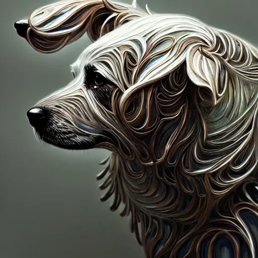 Prompt: organic cyborg dog, holographic white plastic and driftwood, fantasy, intricate, elegant, highly detailed, lifelike, photorealistic, digital painting, artstation, illustration, smooth, sharp focus, art by scott davidson, albert aublet, krenz cushart, artem demura, mucha