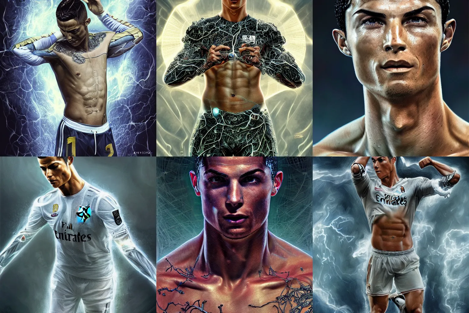 Prompt: Cristiano Ronaldo cyborg recharging, diffuse lighting, fantasy, intricate, elegant, highly detailed, lifelike, photorealistic, digital painting, artstation, illustration, concept art, smooth, sharp focus, art by John Collier and Albert Aublet and James jean and Brian froud and ross tran and Artem Demura and Alphonse Mucha